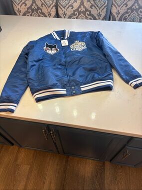 The Hundreds Kids Blue Satin Bomber Jacket with White Trim and Patches